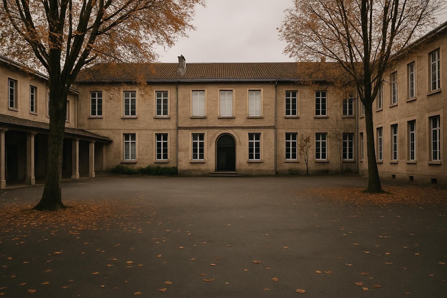 Ingang van een Franse middelbare school in de herfst