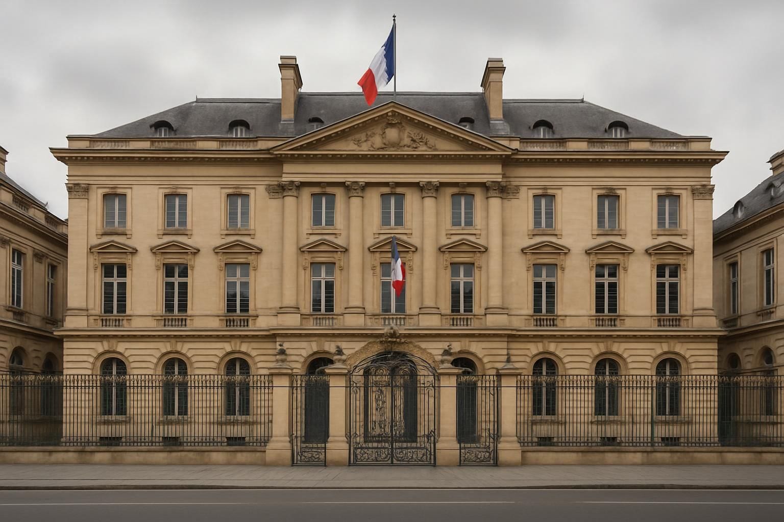 Gevel van een Franse prefectuur met smeedijzeren hek en de Franse vlag